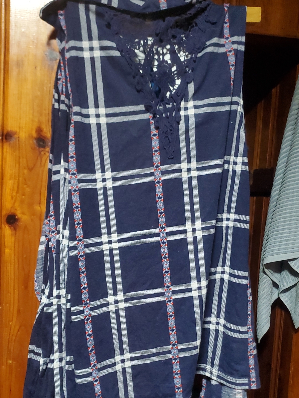 Women's Navy Plaid Crochet Accent Sleveless Button-up Shirt